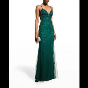 Faviana Green V-Neck Gown w/ Beaded Appliqué